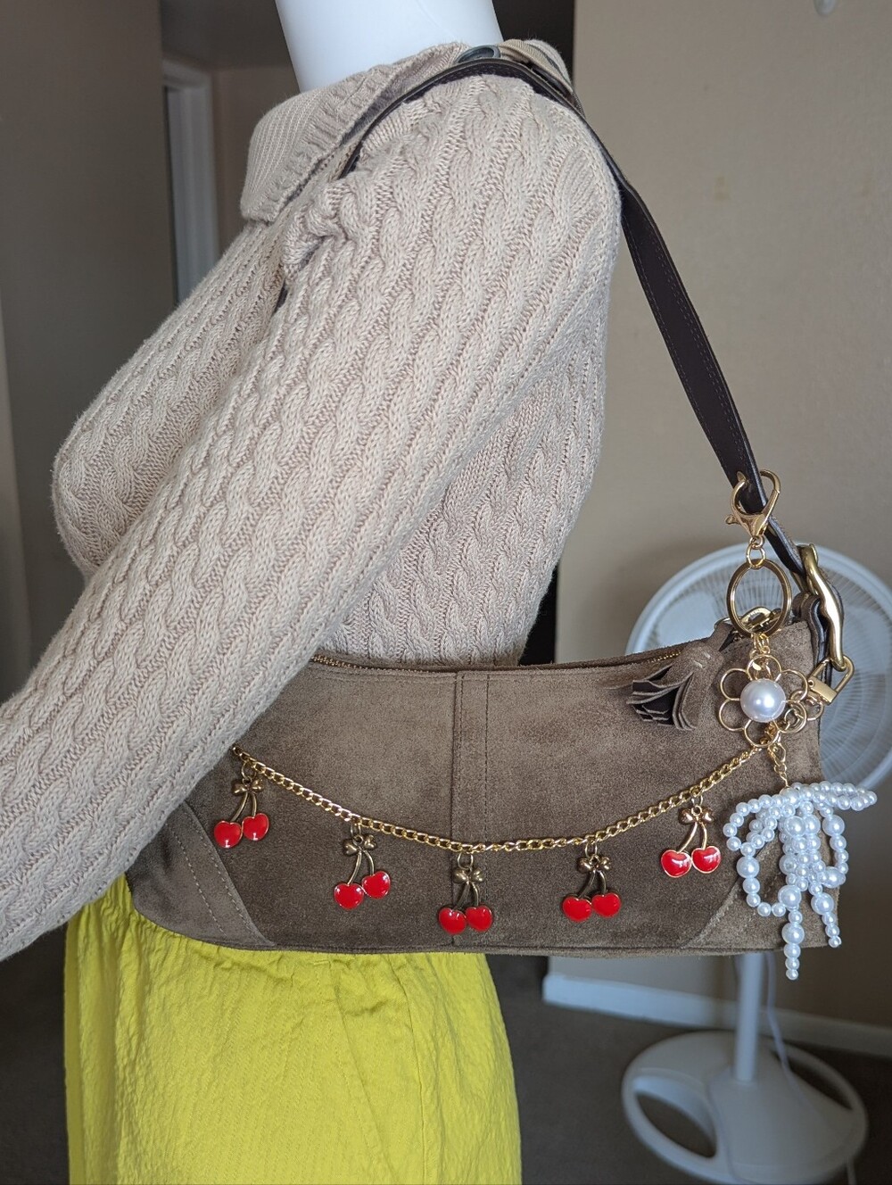 Coach Brown Suede Shoulder Bag with Red Cherry Charms